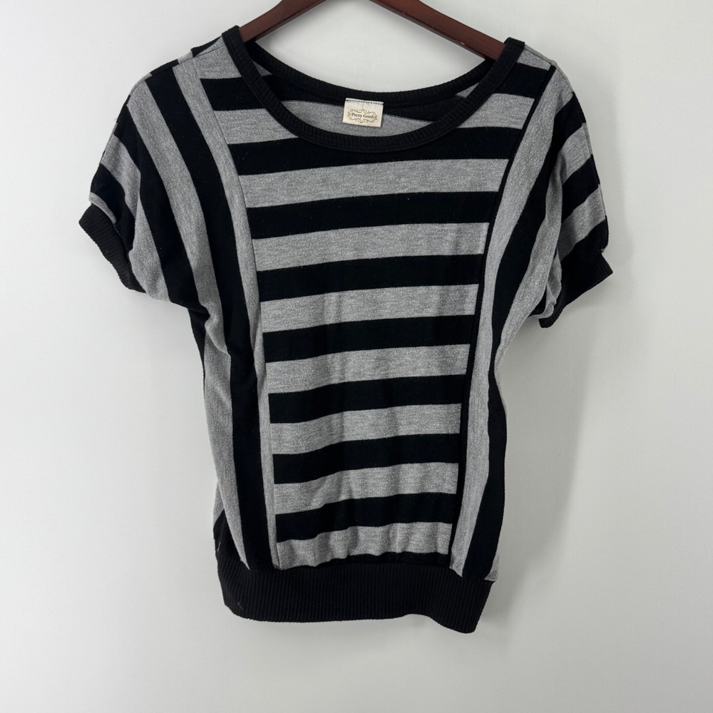 Pretty Good Womens Black Gray Striped Short Sleeve Scoop Neck Ribbed Top S